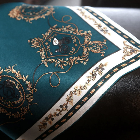 Silk square scarf with coaches motif in GREEN NWOT - Picture 3 of 3